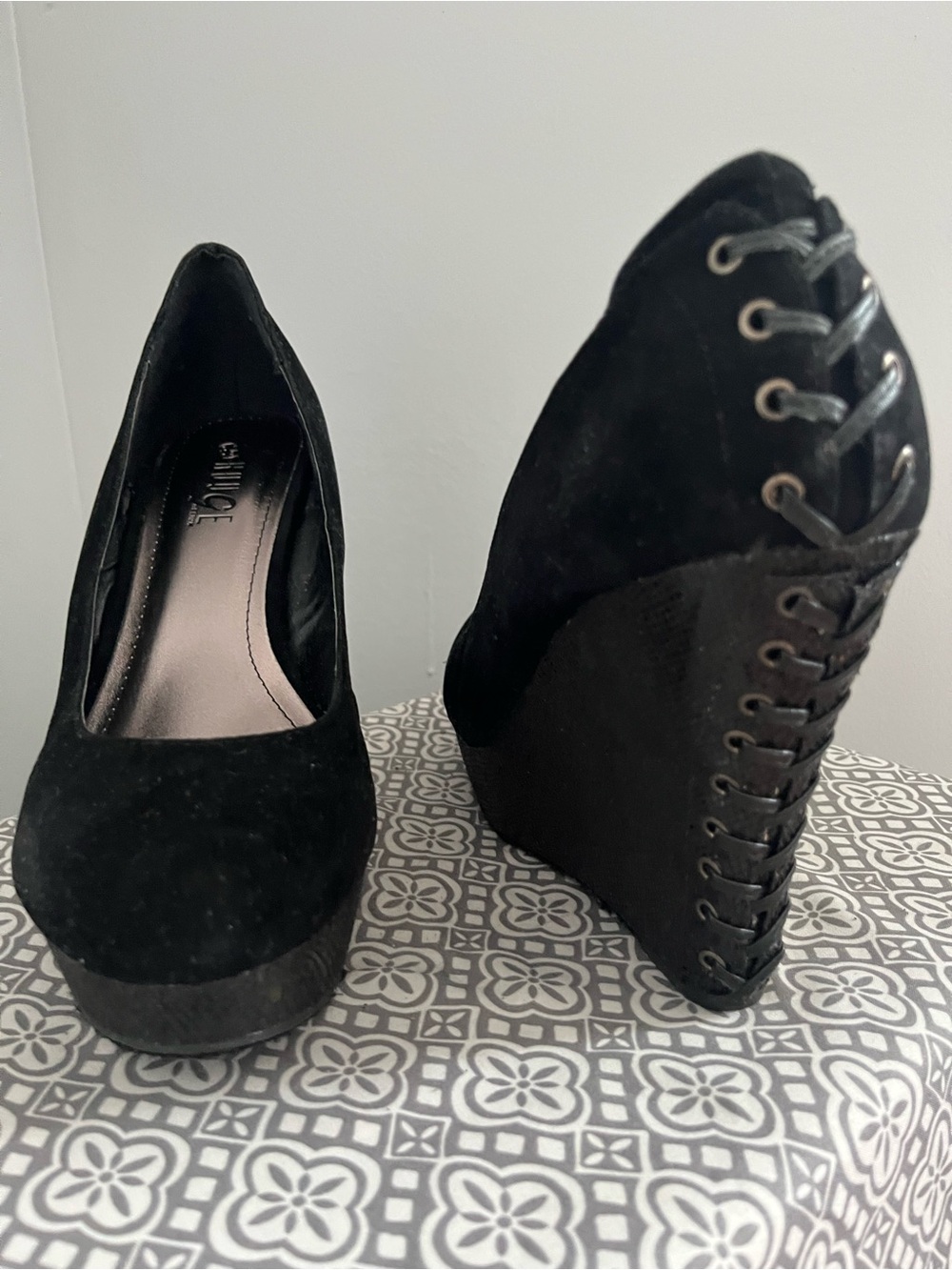 Rouge Helium Black Suede Lace-Up Platform Wedges